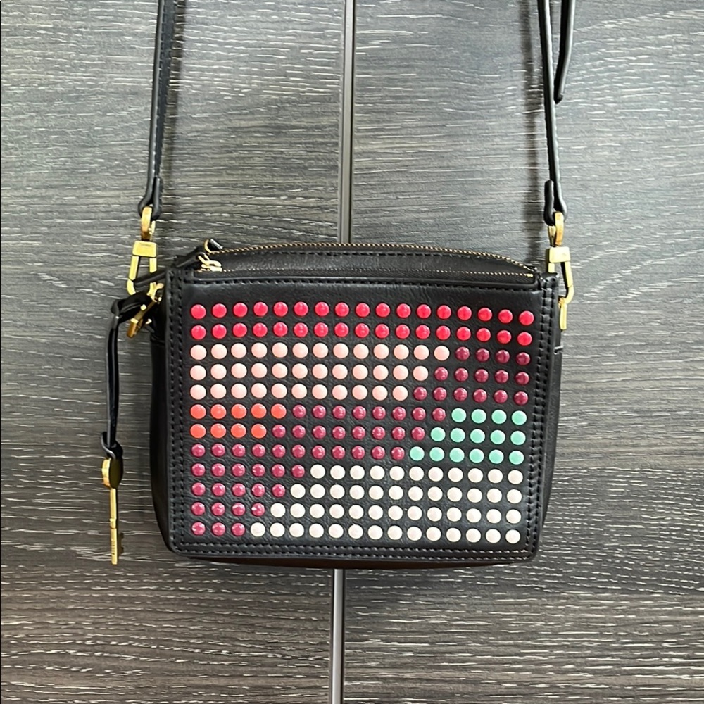 Fossil Black Crossbody Bag with Multicolor Stud Grid